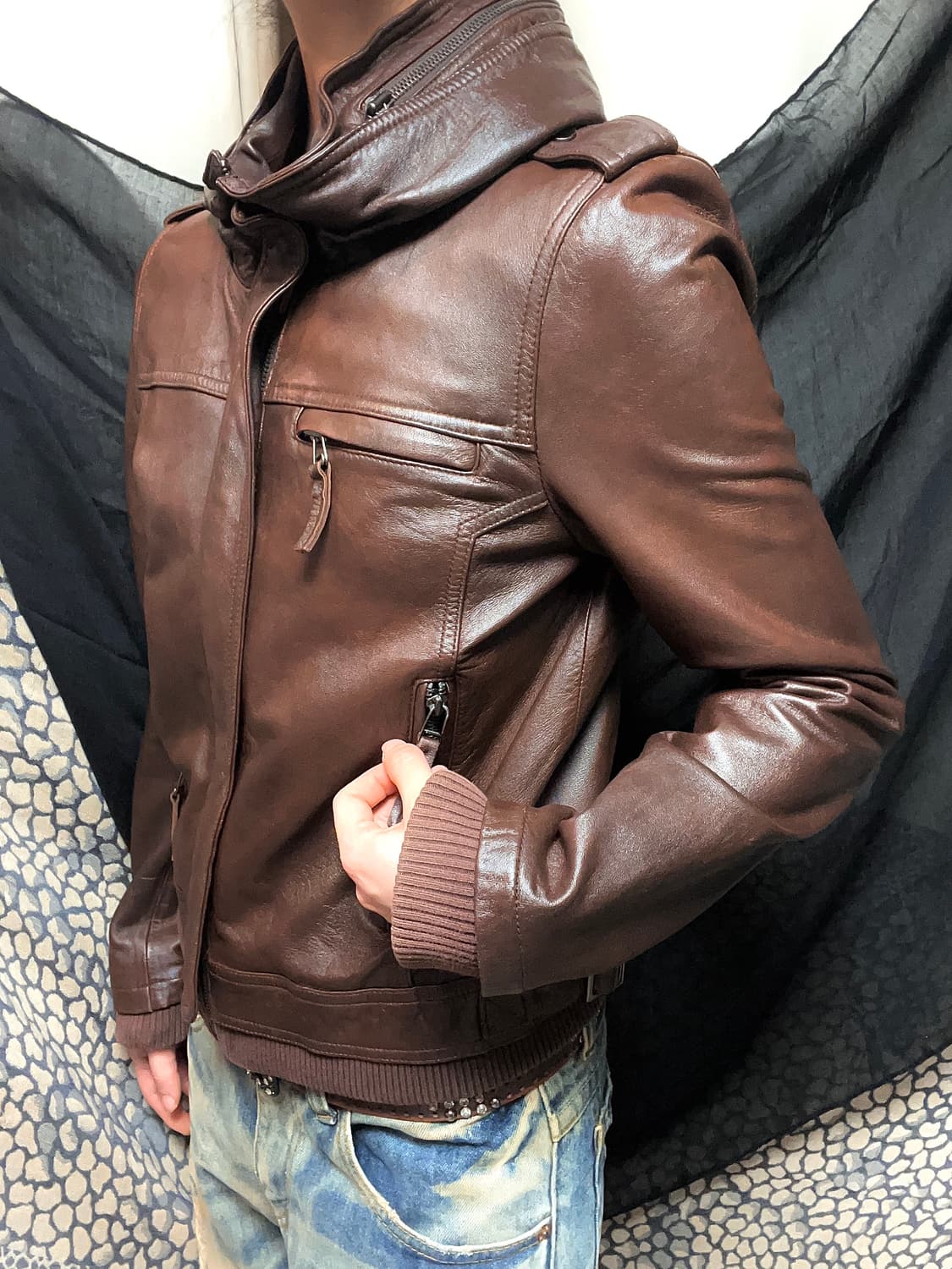 Italy 이태리 렘 스킨 하이넥 지퍼 브라운 레더자켓 상품이미지4