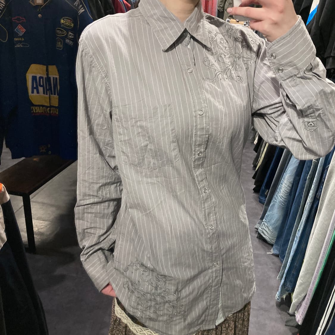 [IM] vtg 웨스턴 자수 스트라이프 셔츠 그레이 상품이미지6