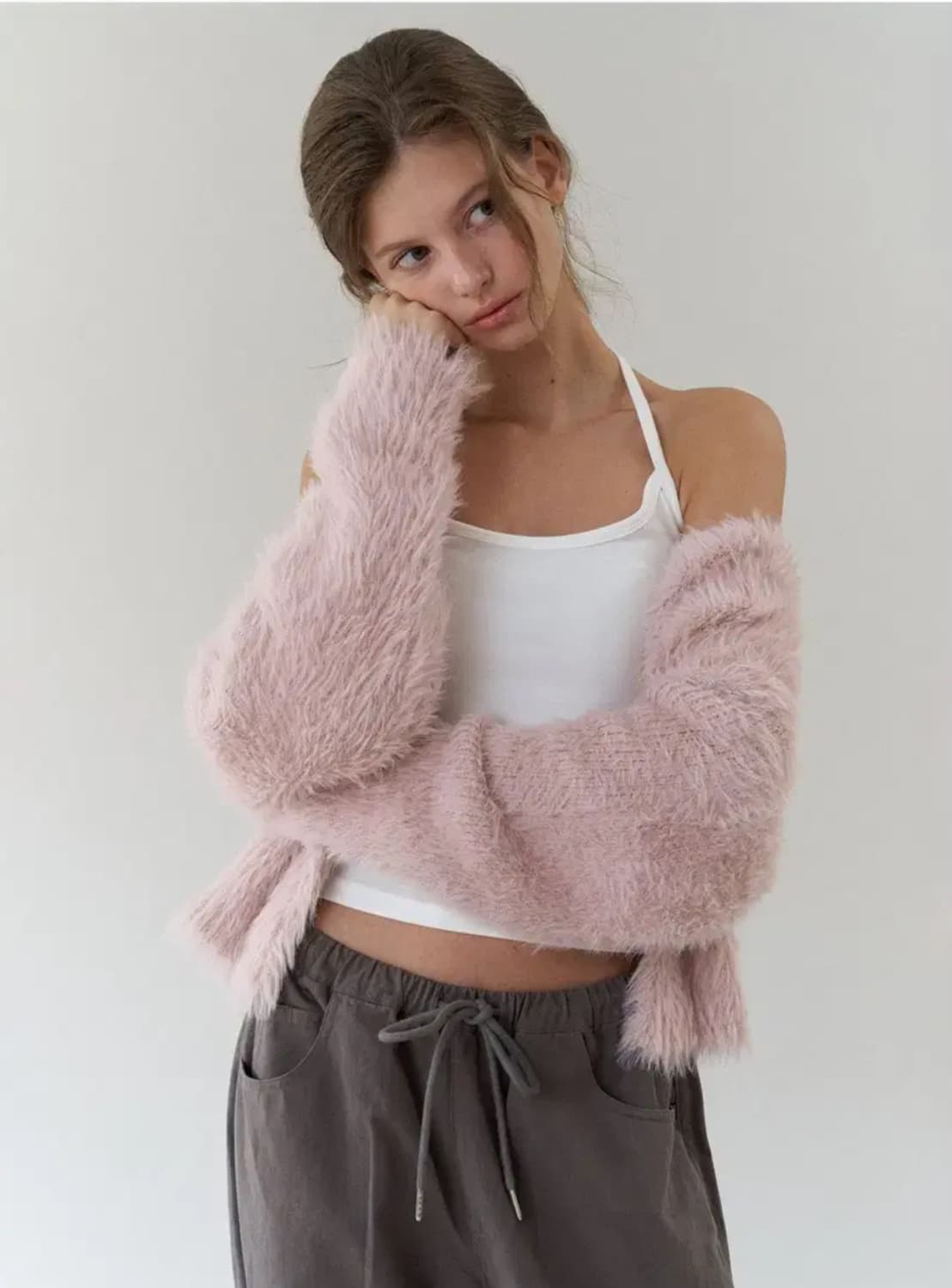 (택달린새상품) 헤더먼트 테디 가디건 핑크 상품이미지1