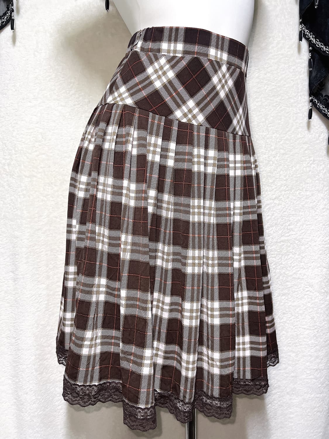 라떼갸루 엑팜깔 브라운 레이스 체크 플리츠스커트 치마 로맨틱 핀터 모리 상품이미지2
