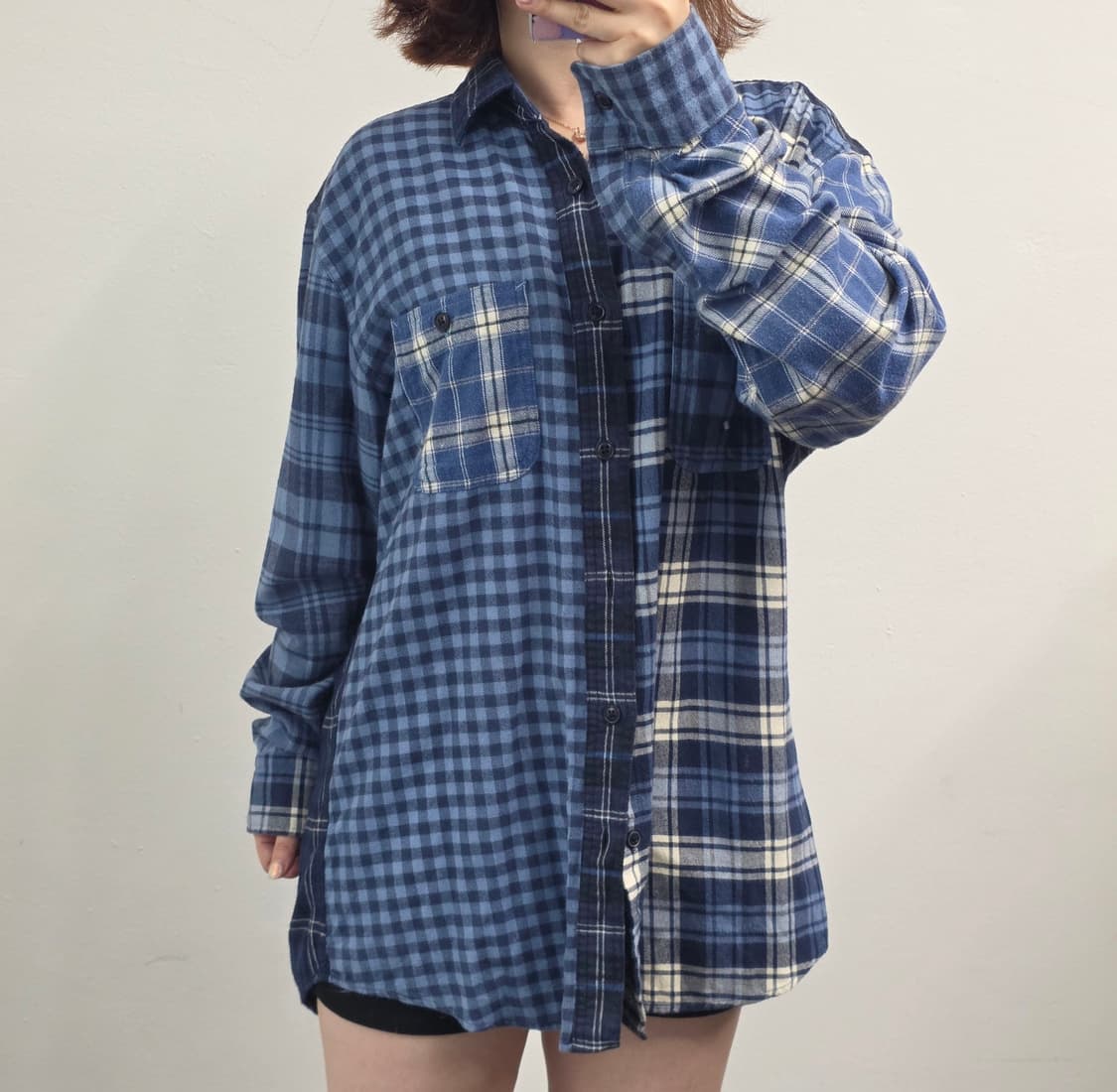 [프립]XL/유니클로 플라넬 패치워크 체크 셔츠 블루 상품이미지1