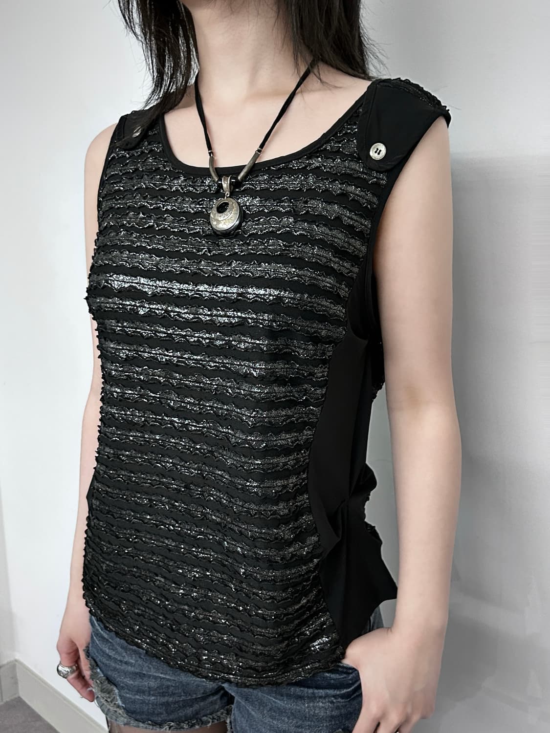 Button Point Glitter Shirring Sleeveless 상품이미지2