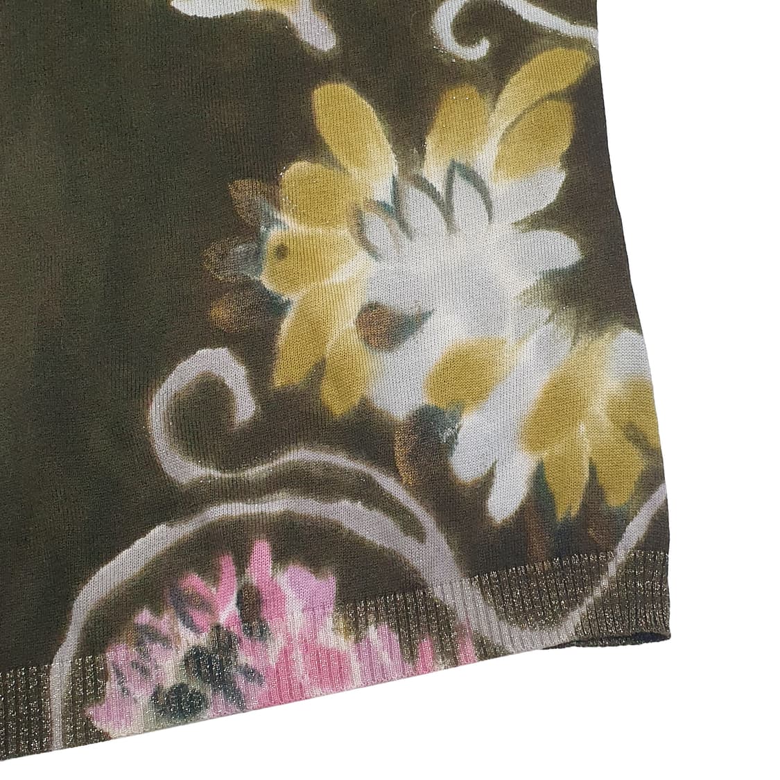 언발 넥 메탈릭 플라워 니트 스웨터 카키 상품이미지5