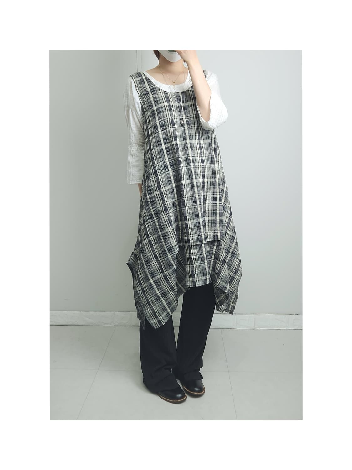 체크 언발 롱 블라우스 상품이미지1