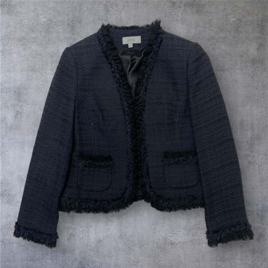 막스앤스펜서 M&S 딥네이비 노카라 프릴 트위드 자켓 12 상품이미지1