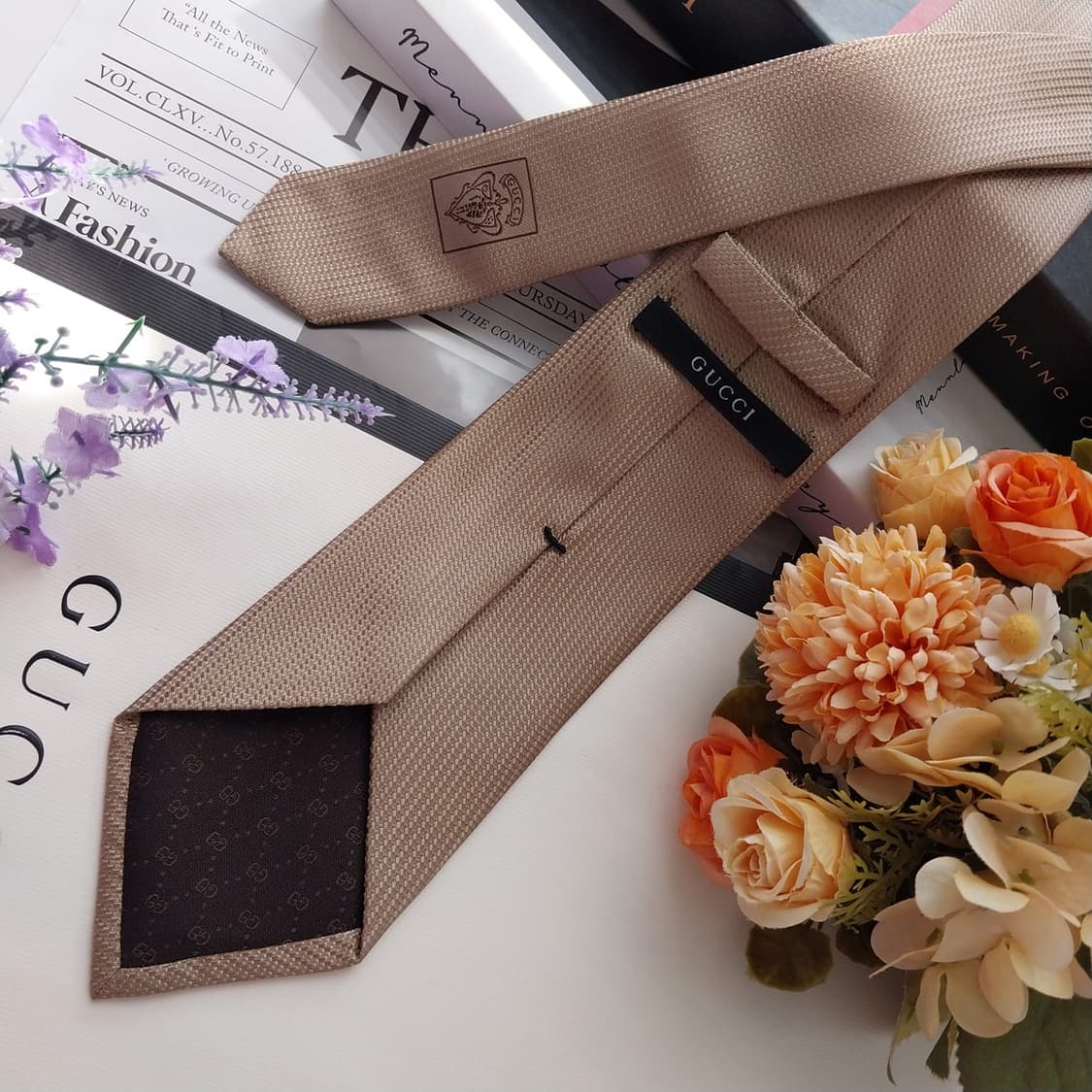 구찌 실크 진한 베이지 자카드 넥타이 8cm A+등급 K2552 상품이미지5
