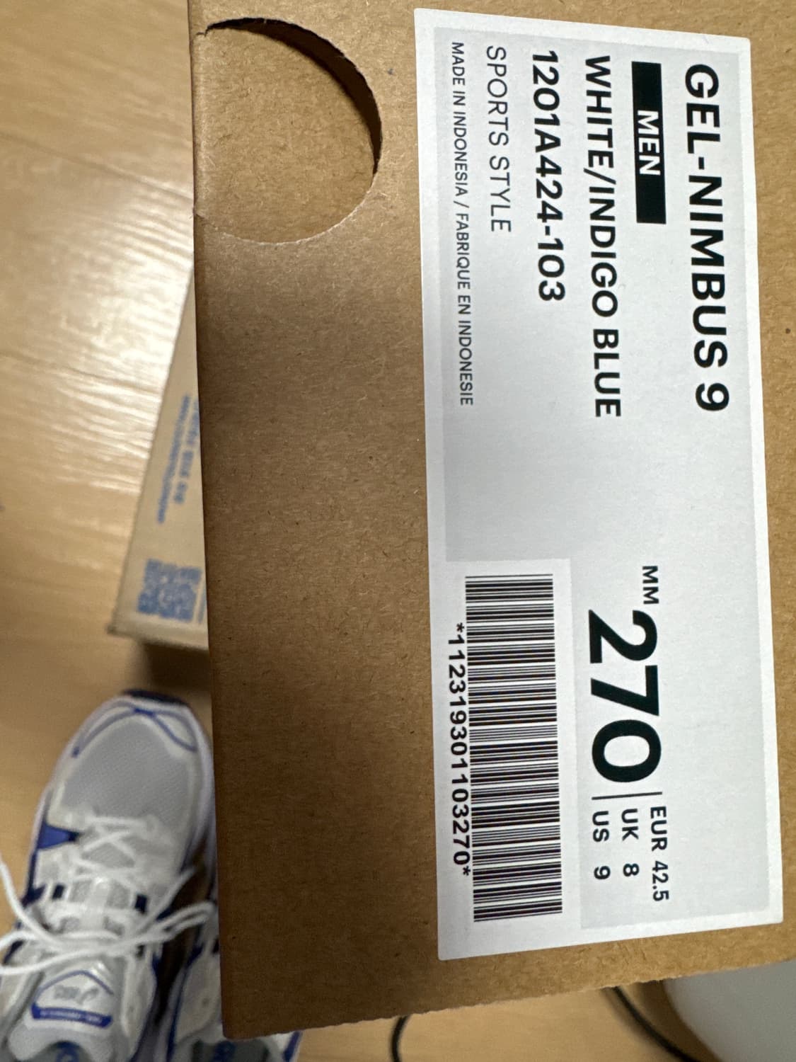 아식스 젤 님버스 9 270mm 화이트 인디고 블루 한번도 착용안한 새상 상품이미지4