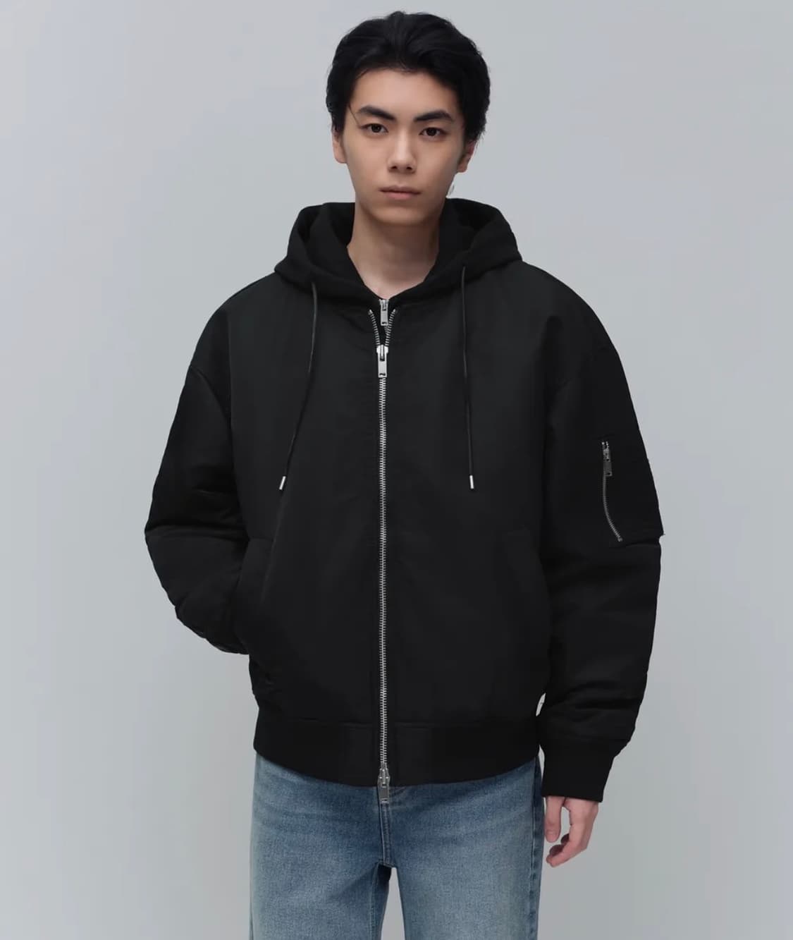 (L) 무탠다드 오버사이즈 디태처블 후드 MA-1 보머 재킷 [블랙] 상품이미지1