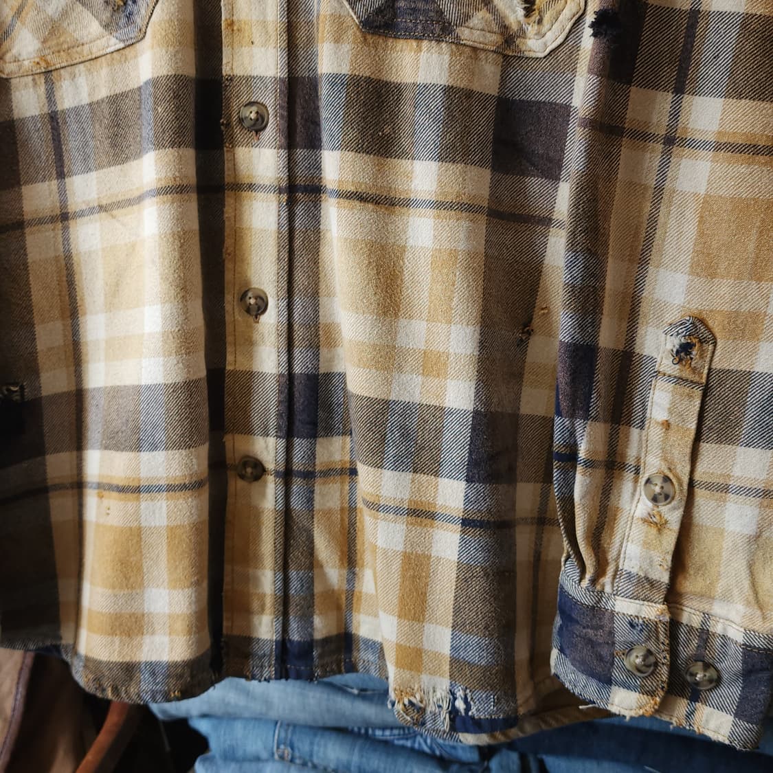 90s 빈티지 체크셔츠 헤비 플란넬 워크셔츠 썬페이딩 옐로우 L 상품이미지7