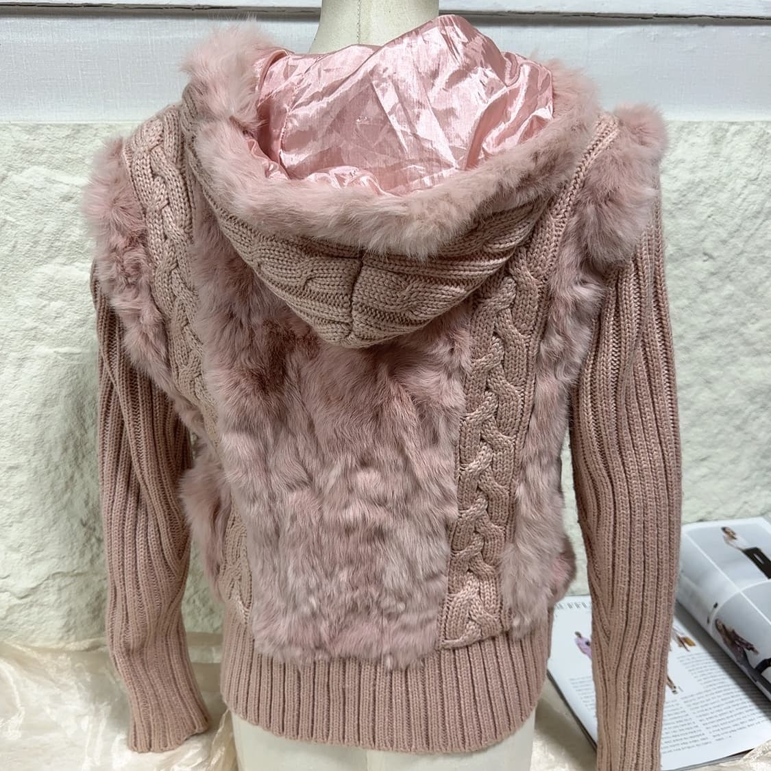 빈티지 로즈핑크 토끼털 꽈배기 니트자켓 후드집업 상품이미지5