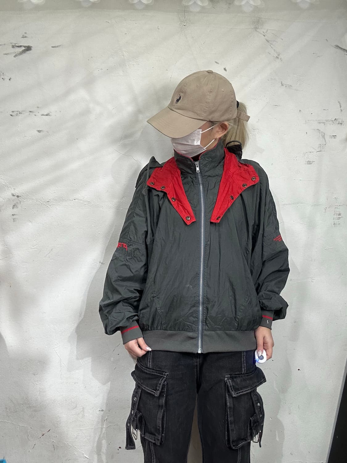 일본판 챔피온 메탈 실버 올드스쿨 배색 바람막이 자켓 L 상품이미지2