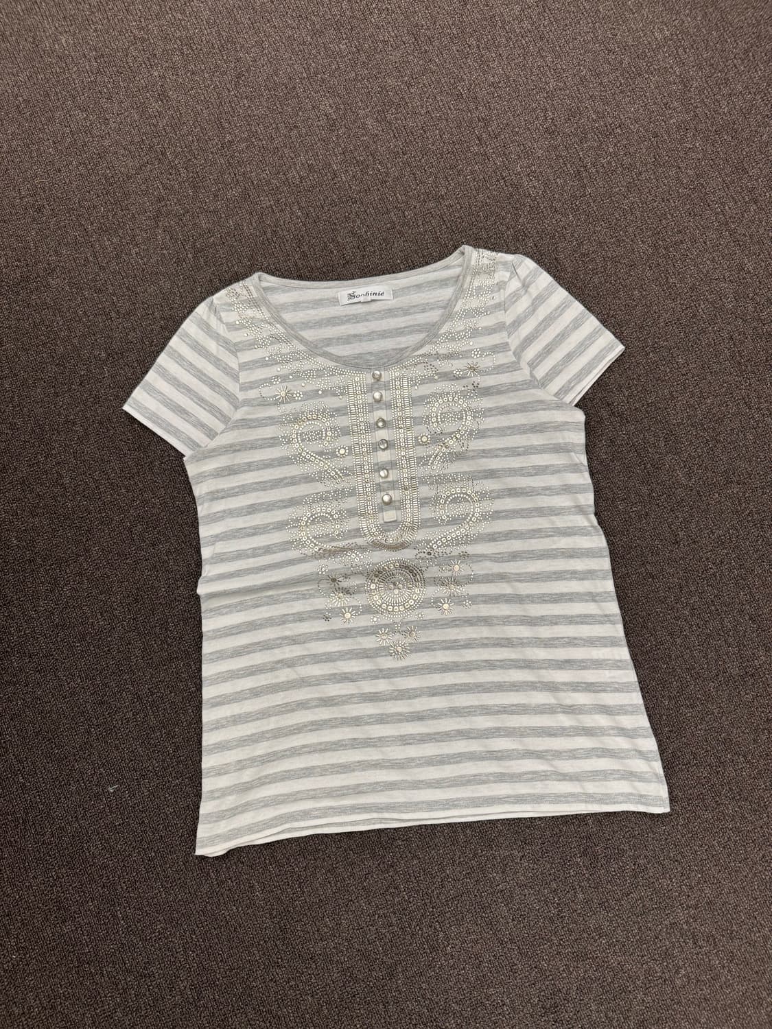 OS)Soobinie 빈티지 패턴 스트라이프 여성 반팔 상품이미지1