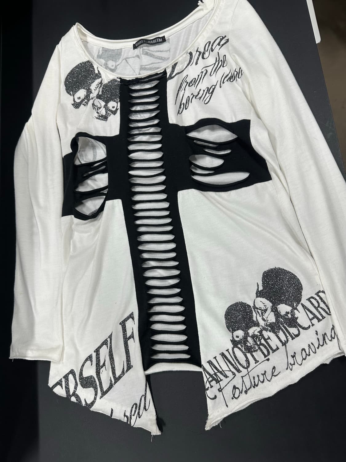 고스트 오브 할렘 펑크 Y2K 갸루 스컬 십자가 컷아웃 절개 롱슬리브 긴 상품이미지5