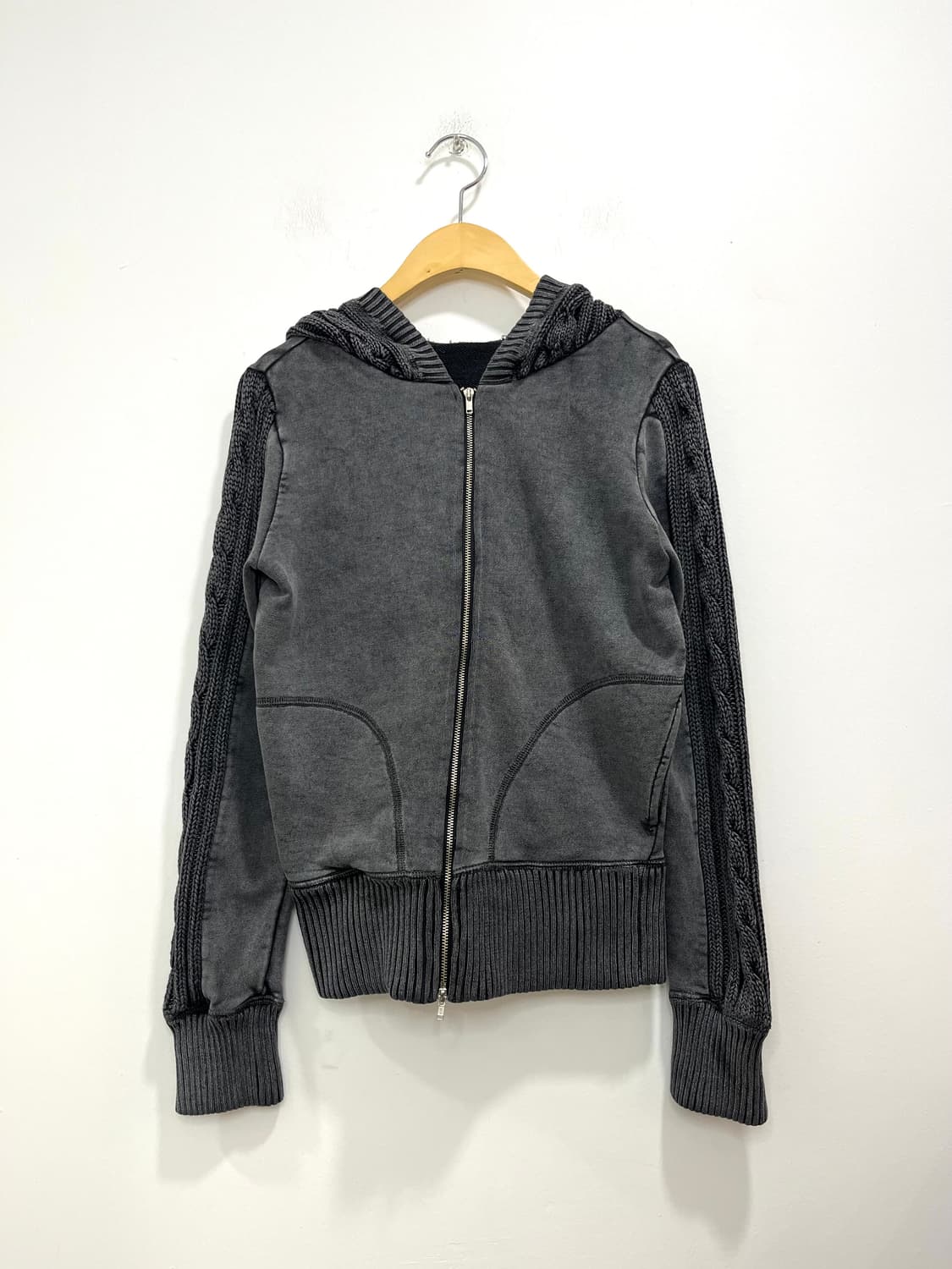 일본 빈티지 차콜 피그먼트 꽈배기 니트 후드집업  상품이미지1