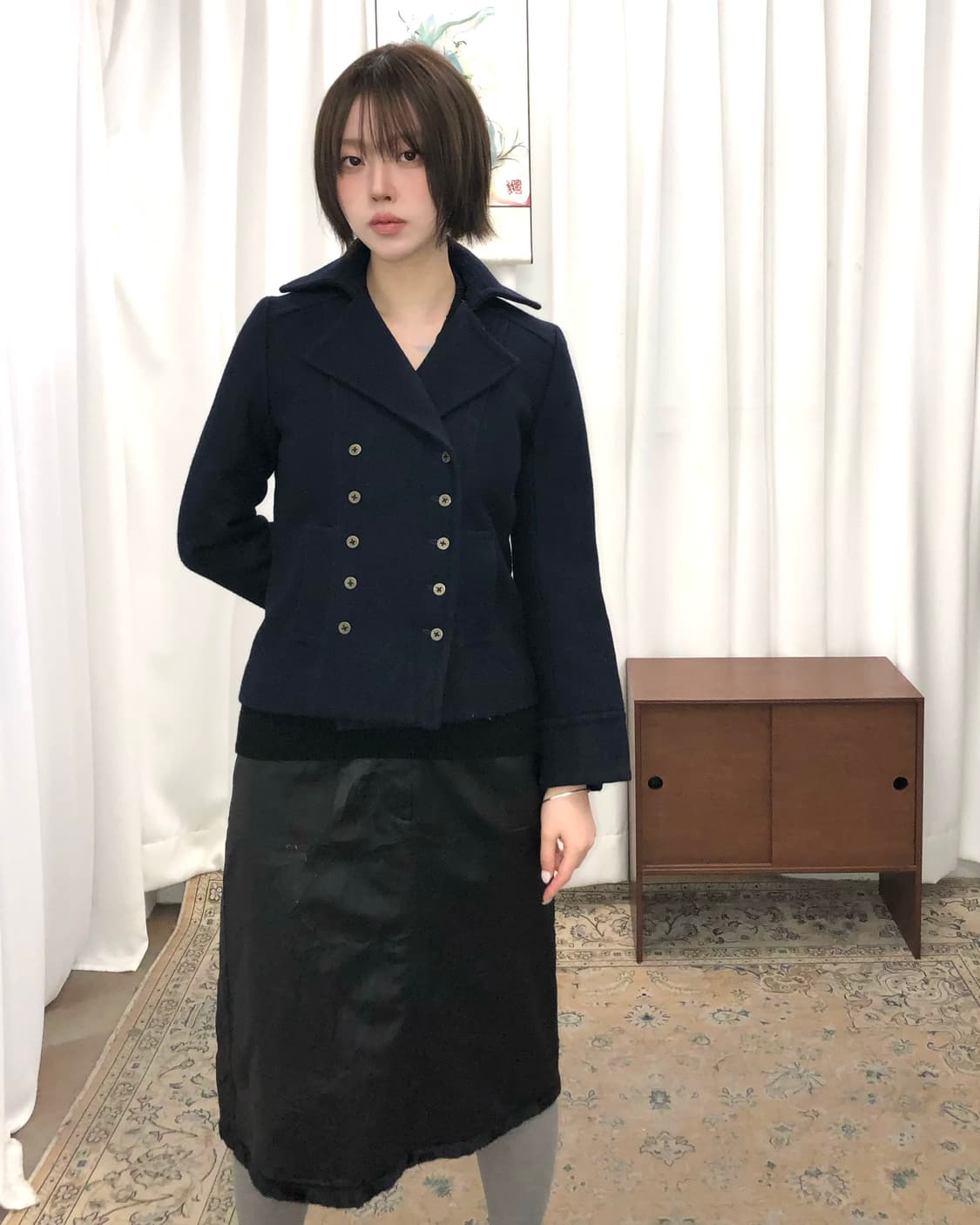 네이비 버튼 하프 코트 상품이미지1