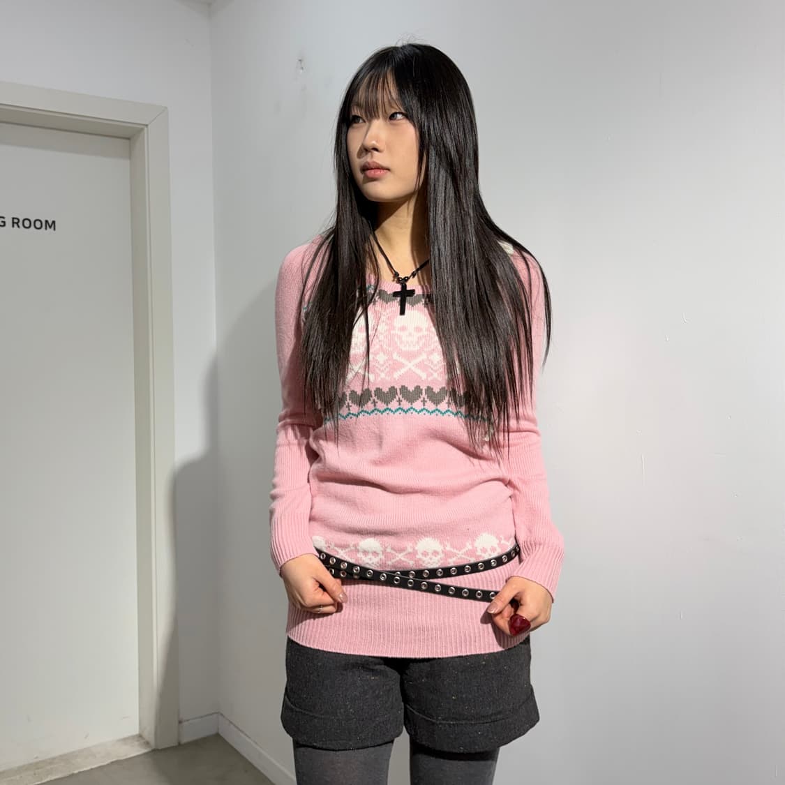 Body jeine 딸기우유 해골 하트 갸루 긴팔 니트 원피스 상품이미지1