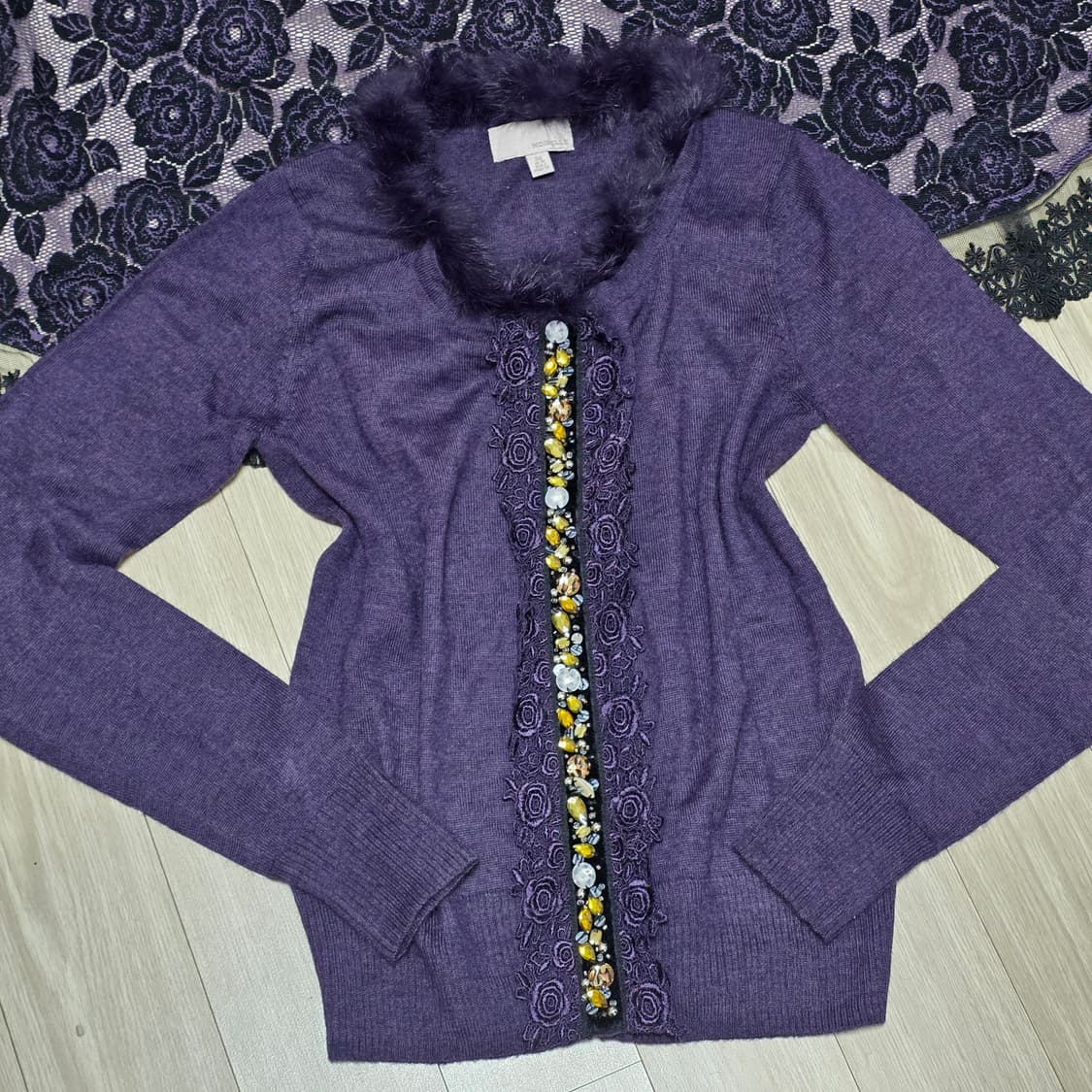 홍콩빈티지)퍼플 퍼 고딕로리타 로즈st 큐빅 로맨틱 니트 가디건블라우스 상품이미지1