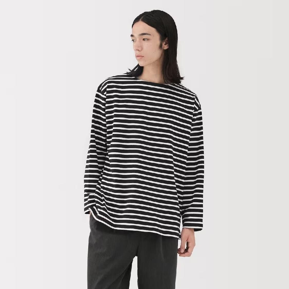 무인양품 muji 보트넥 9부 소매 티셔츠 블랙 스트라이프 XL 새상품 상품이미지2