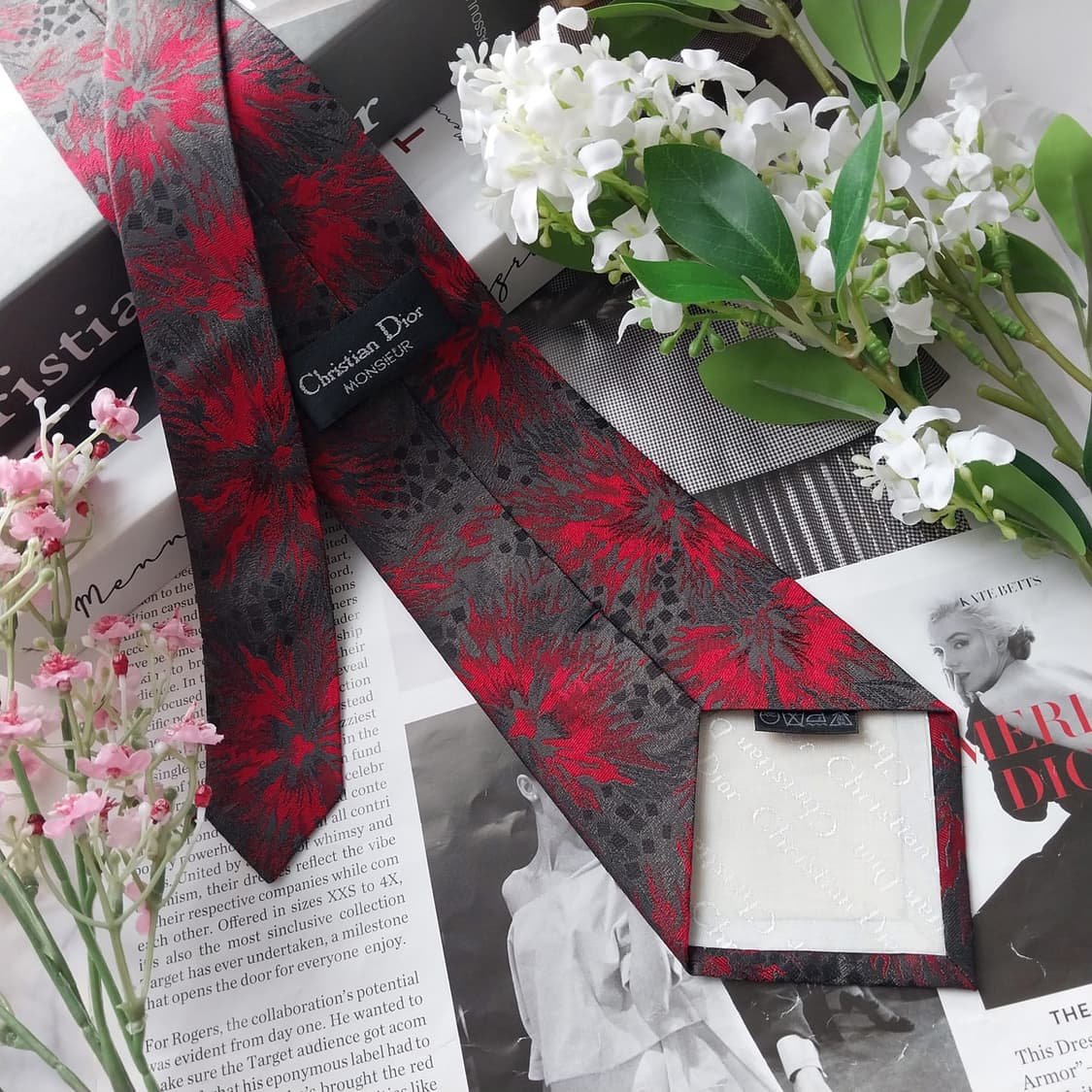 크리스찬 디올 실크 그레이&레드 패턴 넥타이 9.1cm S등급 K1687 상품이미지6