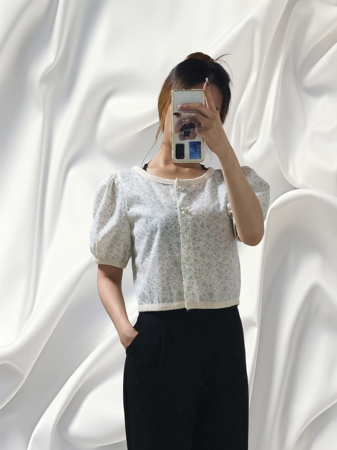 (착용컷o) 플라워 패턴 퍼프 블라우스 숏 자켓 상품이미지5