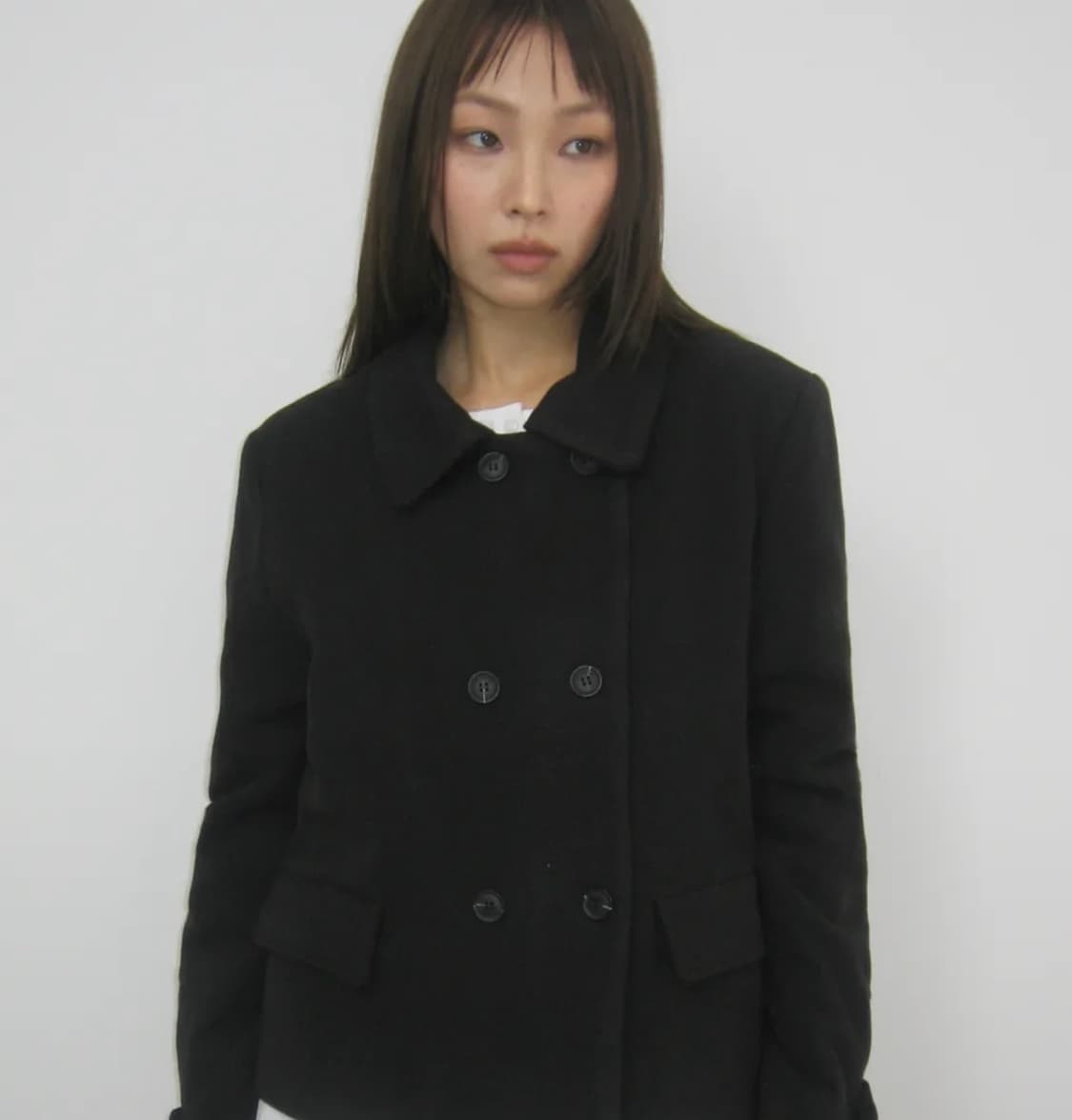 싱글 카라 더블 버튼 미니멀 클래식 윈터 크롭 코트 자켓 [블랙] 상품이미지1