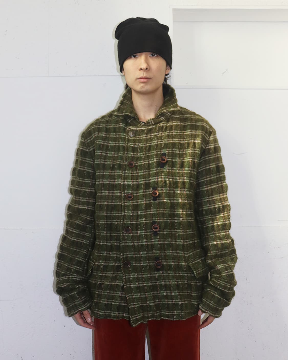 빈티지 우드 버튼 체크 울 자켓 상품이미지1