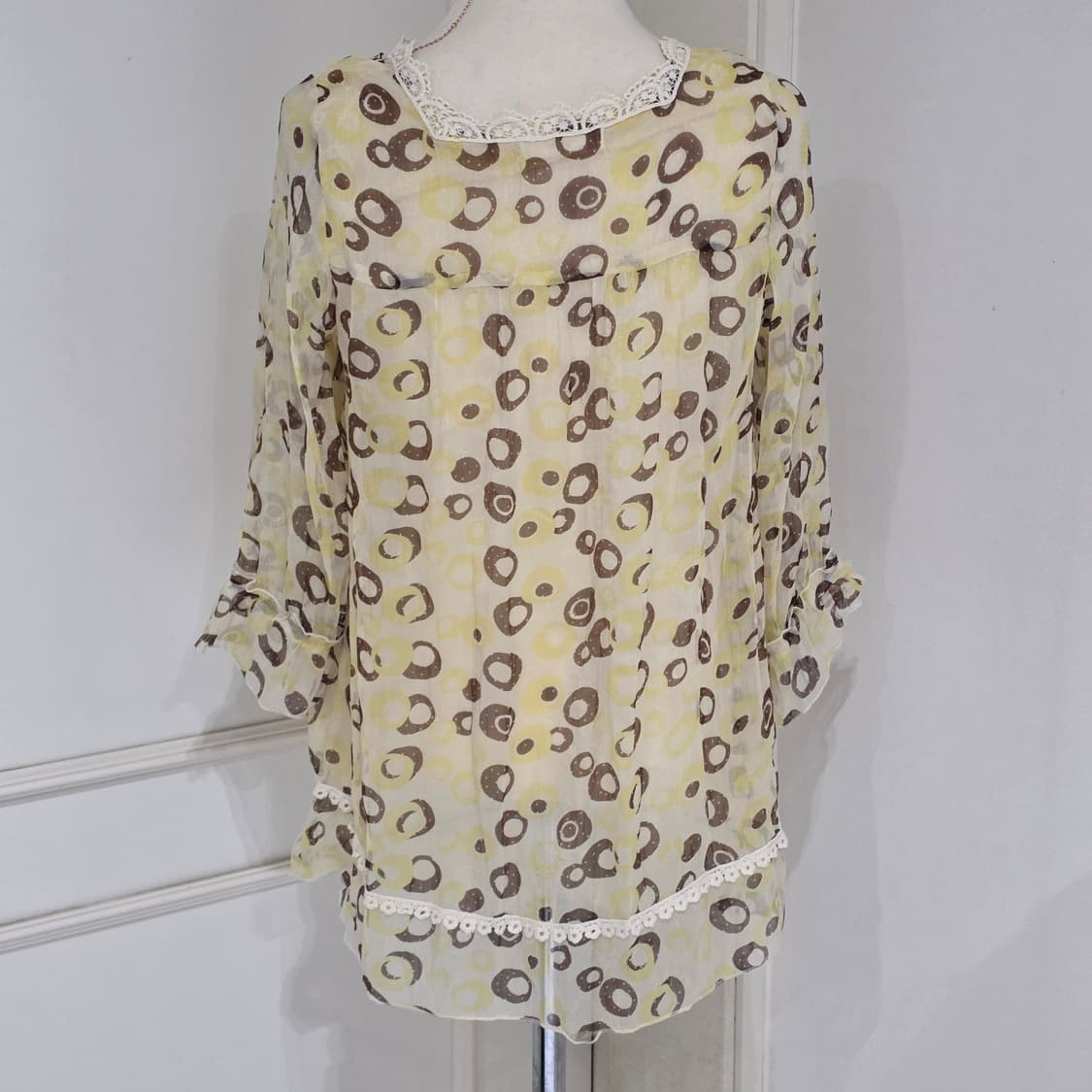 일본빈티지)옐로우 레오파드 호피모리걸 오네갸루쉬폰레이스 롱슬리브 블라우스 상품이미지3