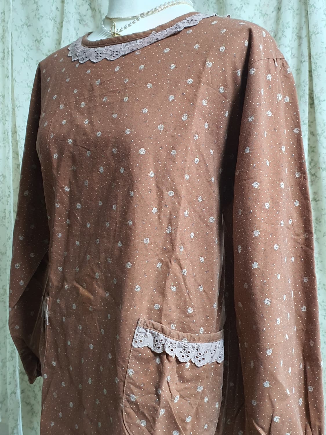 [빈티지] 브라운 잔꽃무늬 레이스 롱 원피스 앞치마 상품이미지2