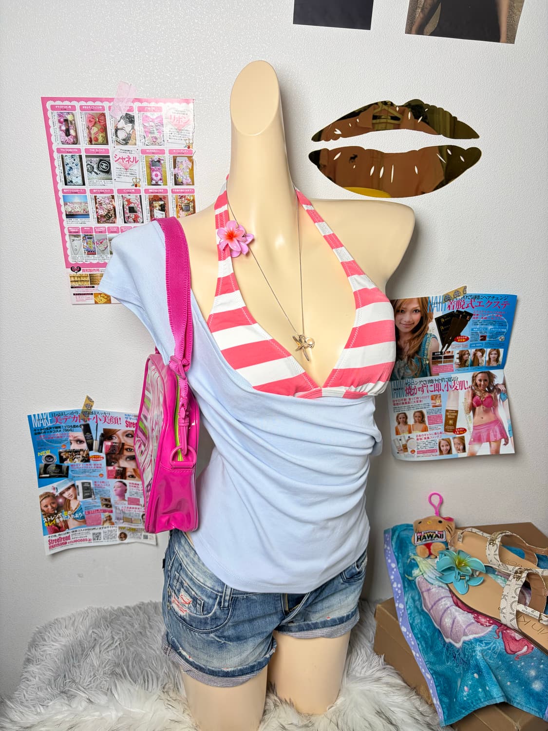 Set) 핑크 코랄 스트라이프 비키니 세트(3pcs) 상품이미지1