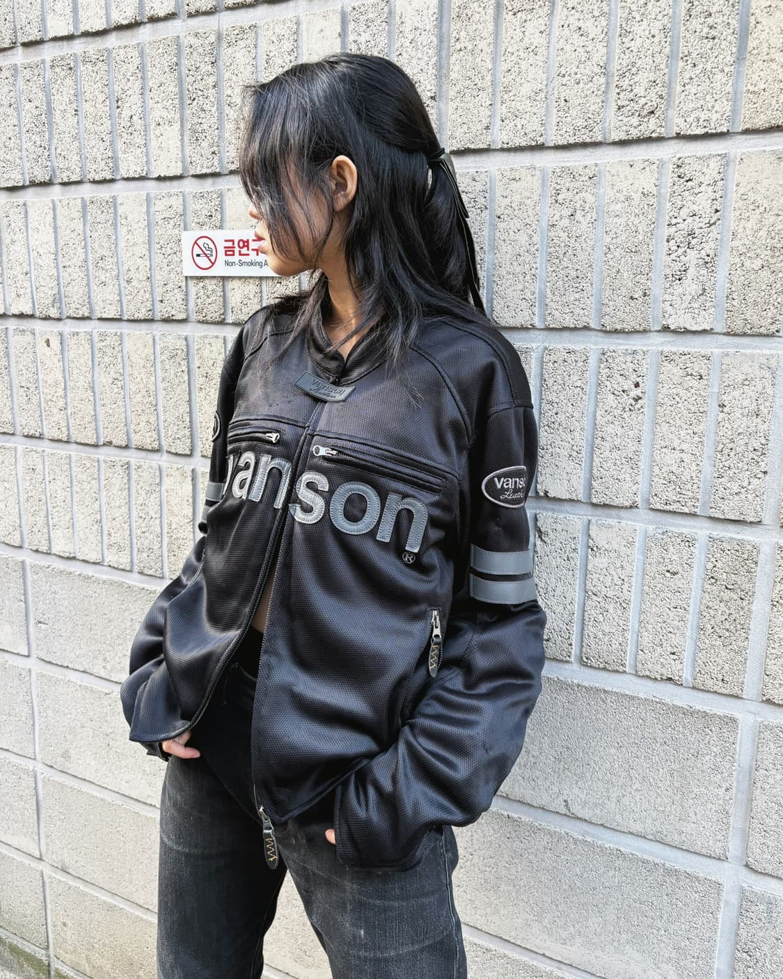 밴슨 로고 디자인 매쉬 바이커자켓 상품이미지5