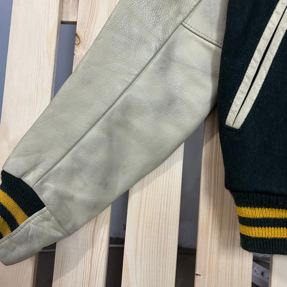 (S) USA 골든베어 딥그린 레더 배색 가죽 바시티 자켓  상품이미지6