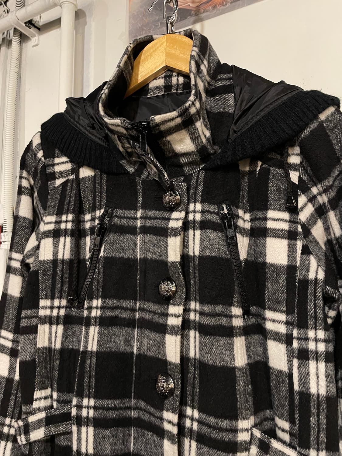 체크패턴 음각 버튼 스트랩 후드 자켓 갸루 y2k 상품이미지4