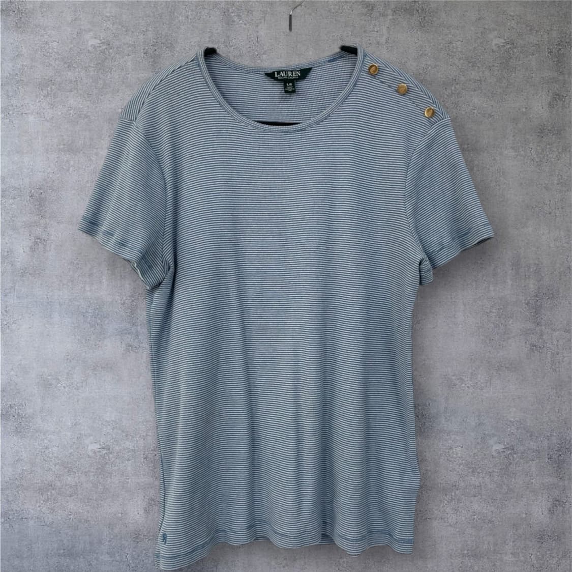 로렌 랄프로렌 스카이블루 스트라이프 골드버튼 반팔 티셔츠 L 상품이미지1