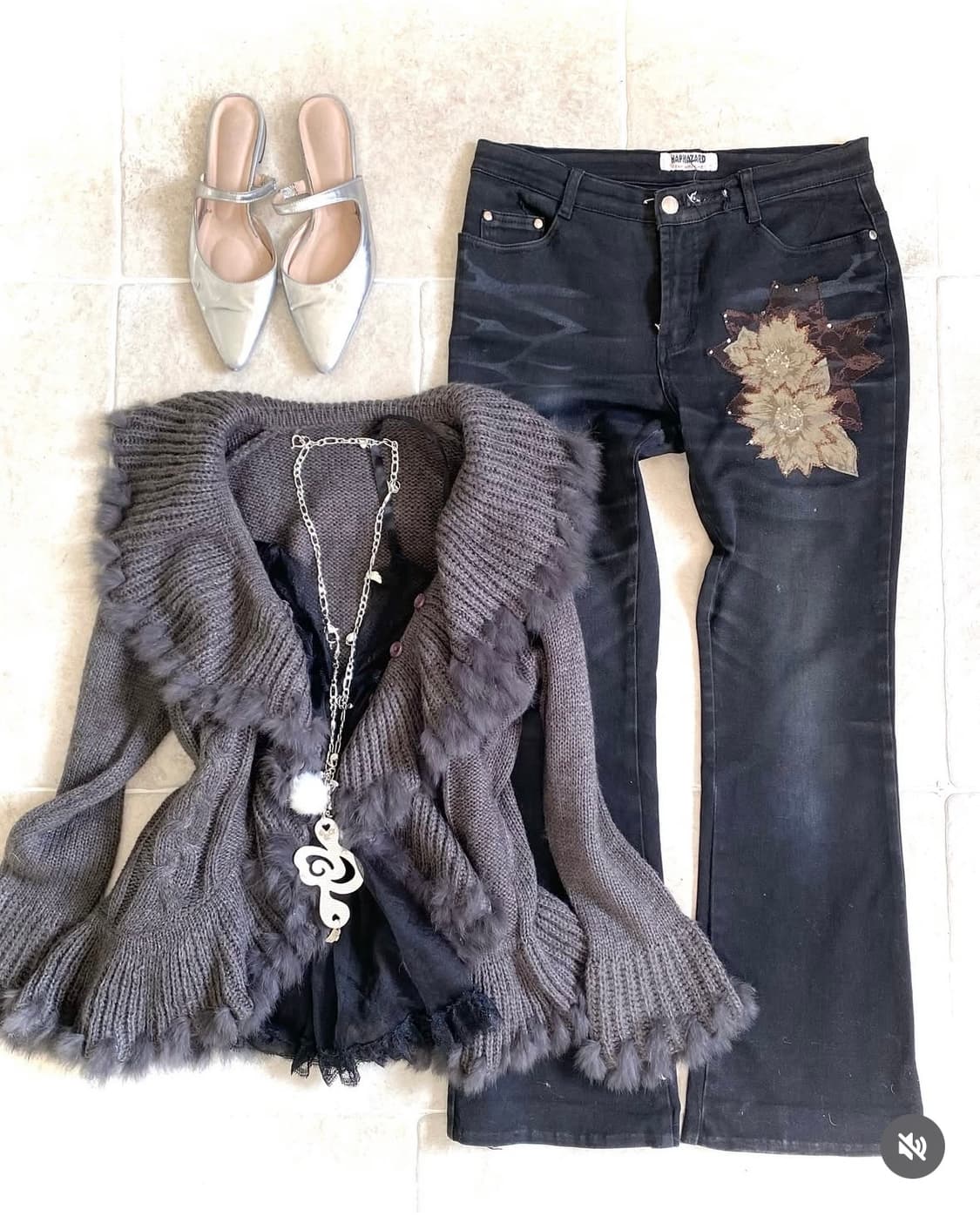 빈티지 그레이 프릴 리얼퍼 가디건 상품이미지2