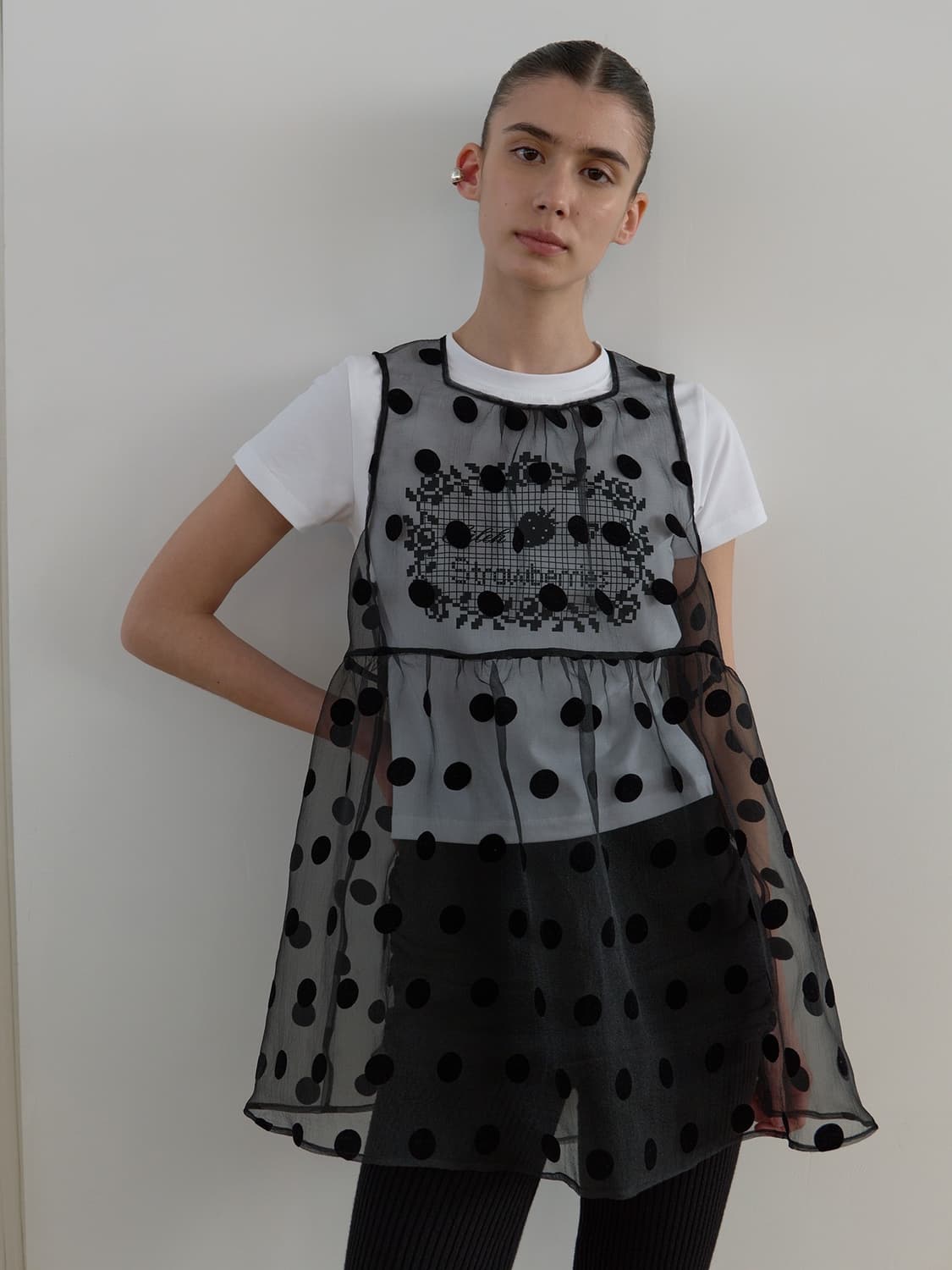 마조네 리본 디테일 블랙 도트 후로킹 시어 오간자 레이어드 미니 드레스 상품이미지1