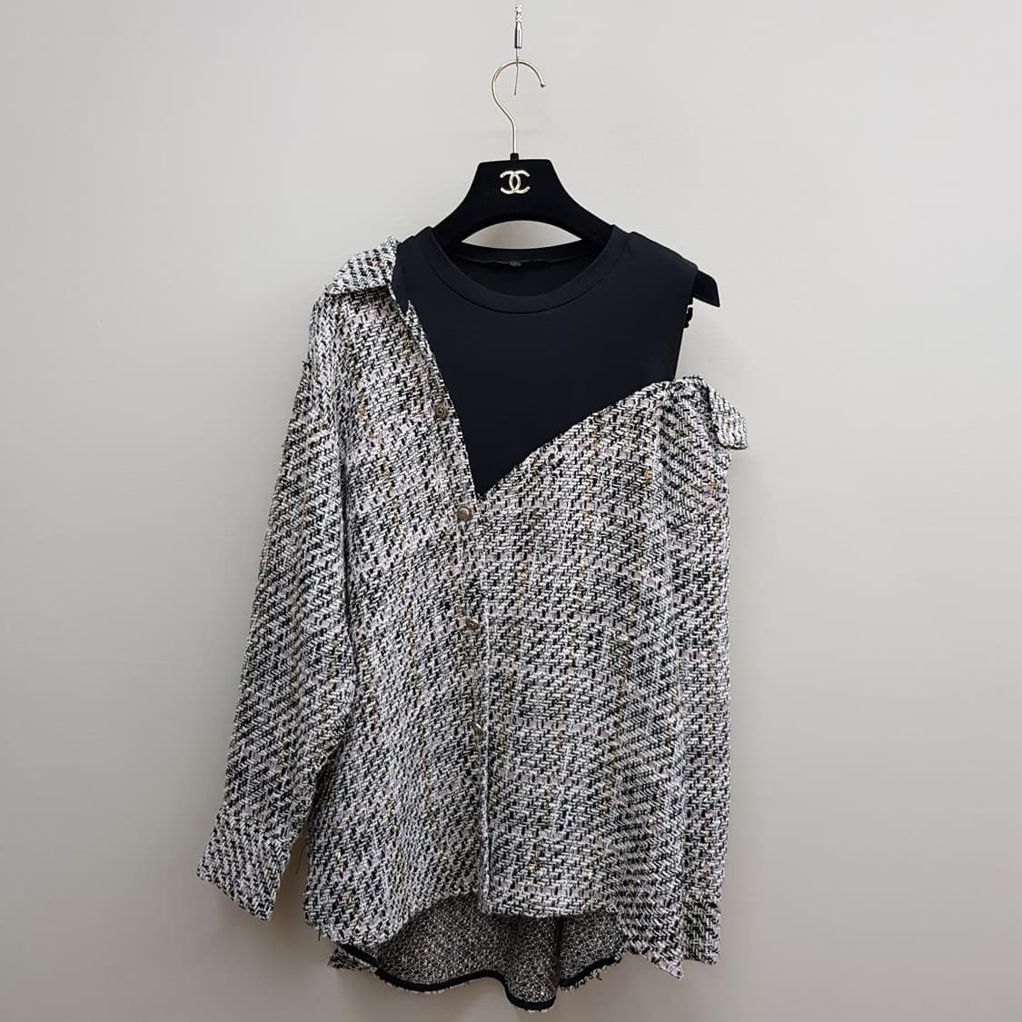 MAJE 마쥬 트위드 오프숄더 레이어드 셔츠 블라우스 1사이즈 상품이미지1