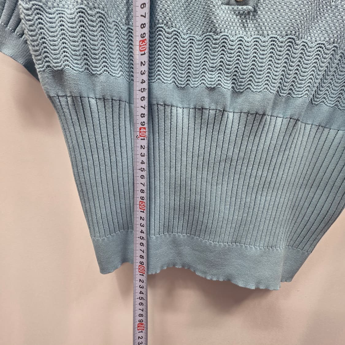 0195 칼 라거펠트 여성 반팔 니트 카라티 하늘색 펀칭 니트 88사이즈 상품이미지4