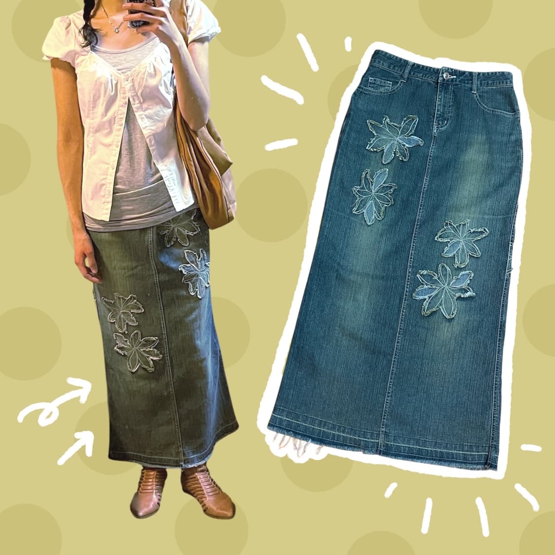빈티지 플라워 장식 데님 롱스커트 상품이미지1