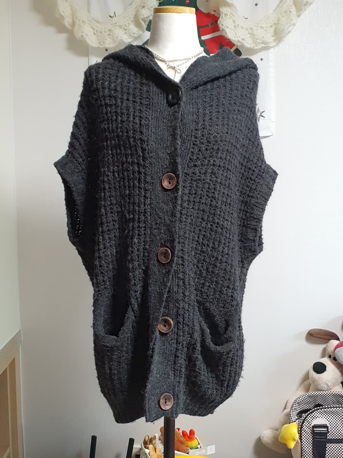 [모리걸] 후드 니트 조끼 가디건 블랙 상품이미지1