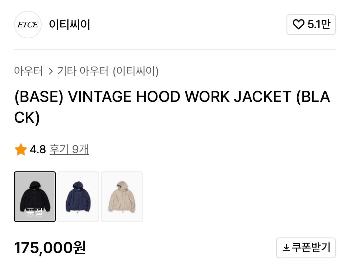 VINTAGE HOOD WORK JACKET (BLACK) 상품이미지2