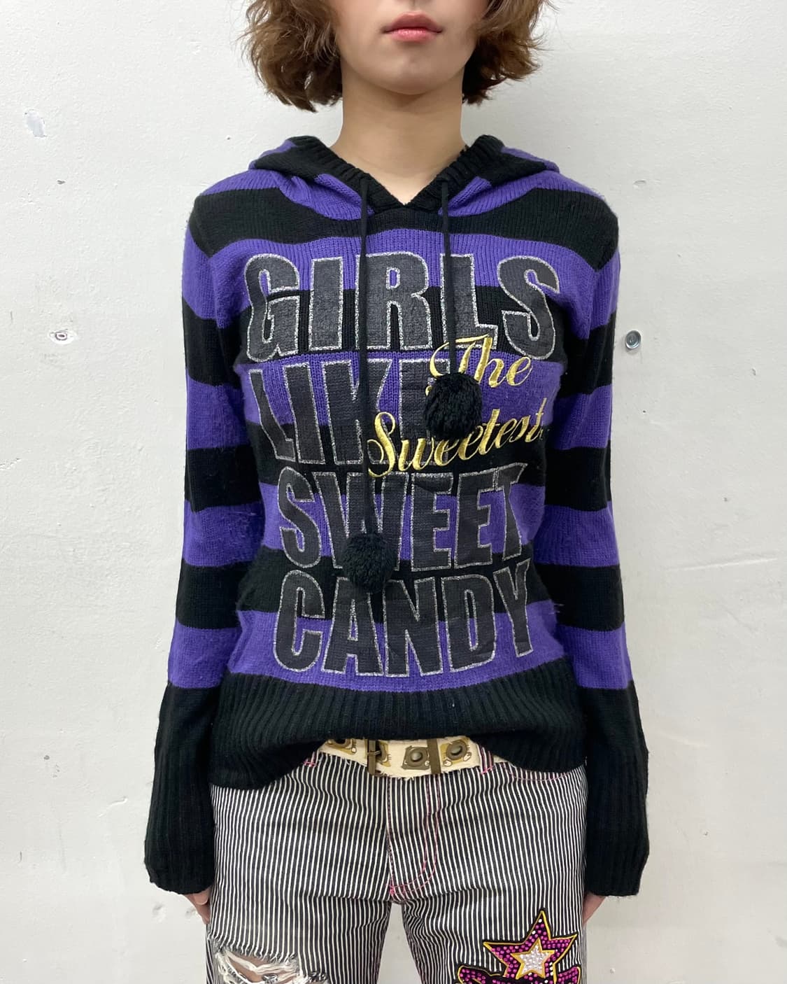 Girl Purple Stripe Knit Hoodie 상품이미지2