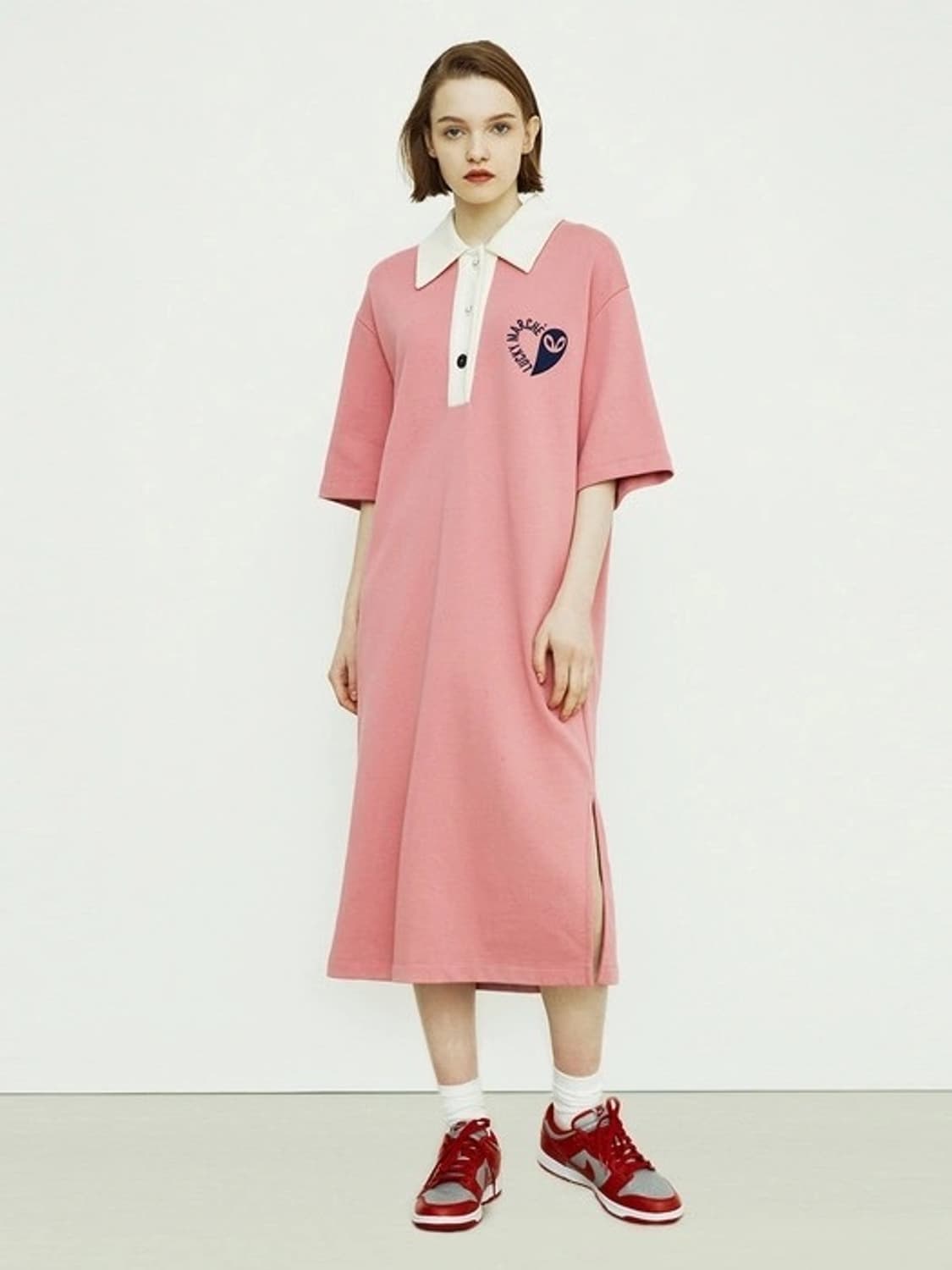 럭키마르쉐 핑크 코튼 카라 롱원피스 상품이미지1