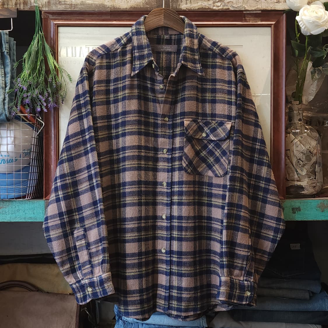 90s 아메리칸 빈티지 체크셔츠 헤비 플란넬 워크셔츠 블루 xl 상품이미지1