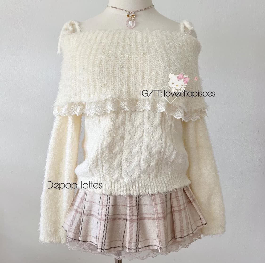 빈티지 액시즈팜 히메갸루 라떼갸루 진주 레이스 오프숄더 니트 상품이미지5