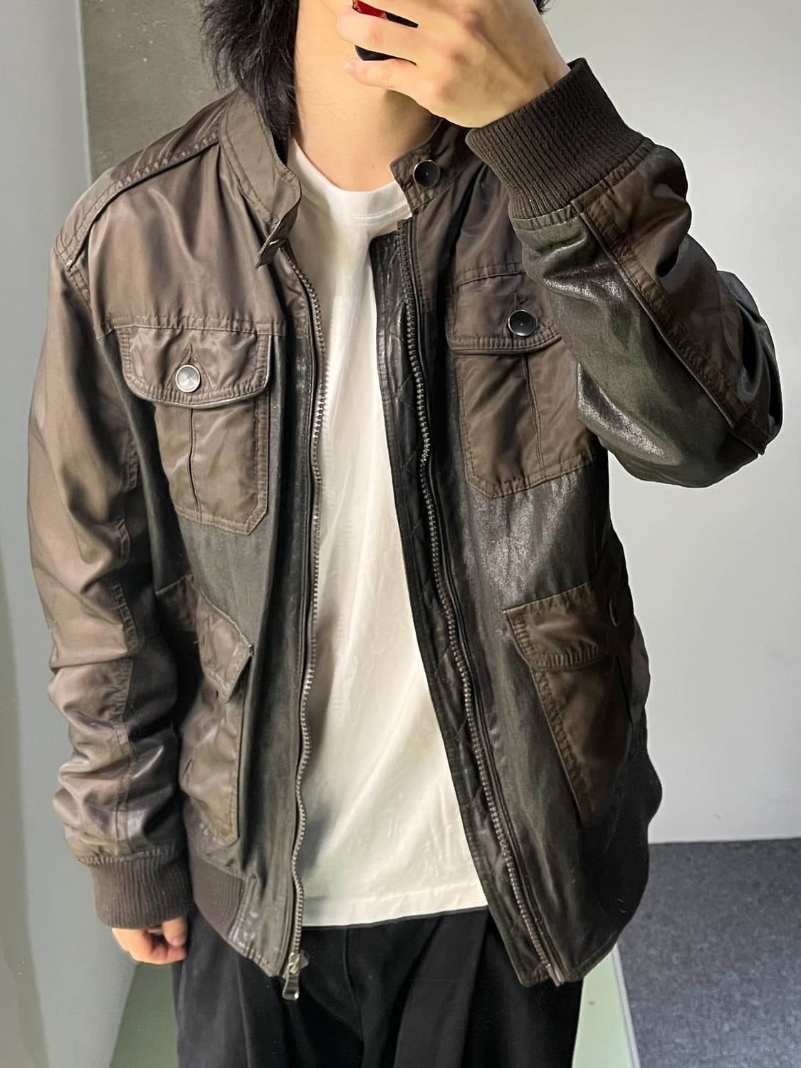 자라 브라운 나일론/레더 집 자켓 상품이미지2