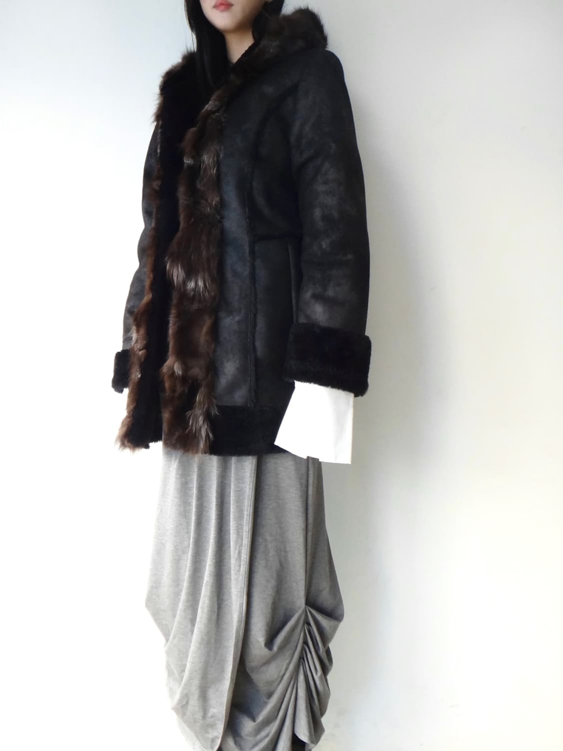 Front mix fur hoody muston / black 상품이미지7
