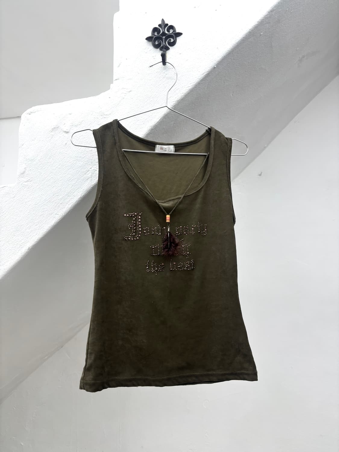 Khaki y2k fur necklace detail sleeveless 상품이미지3
