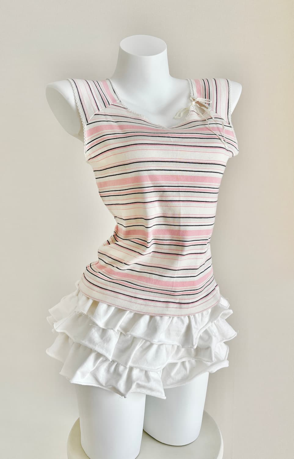민트 핑크 스트라이프 리본 민소매 반팔 티셔츠 줄무늬 청순 갸루 모리걸 상품이미지4