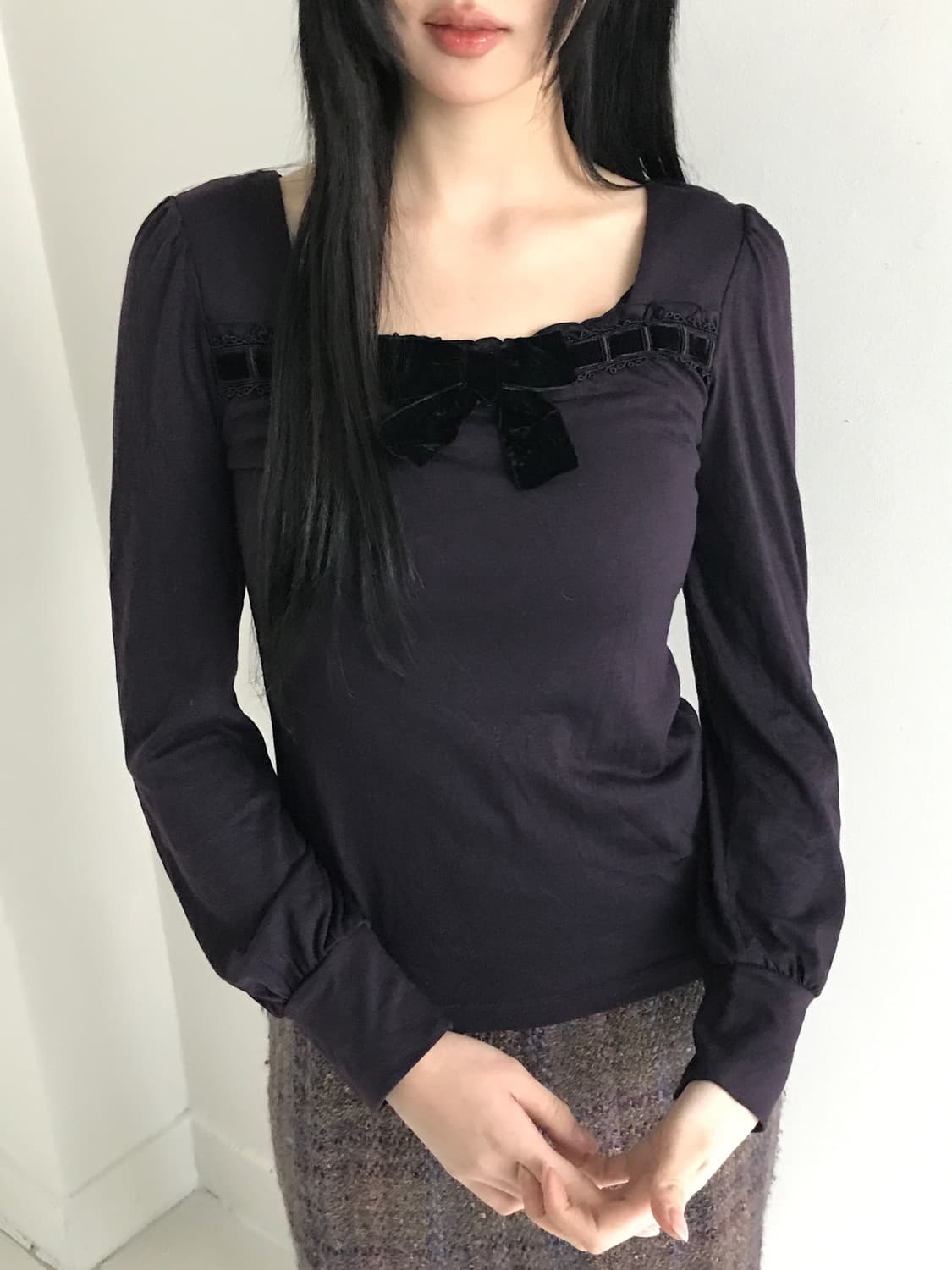 Velvet Ribbon Square Neck Sleeve T 상품이미지4