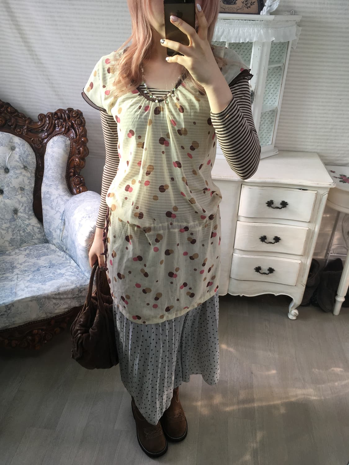 Set) 일본빈티지 도트 블라우스 + 브라운 스트라이프티 상품이미지2